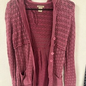 RUFF HEWN Women's S 2-tone Cranberry Knit HOODIE SWEATER Button Front 2 Pockets